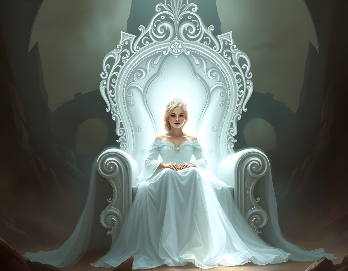 White Princess on Throne Amidst Dreary Surroundings
