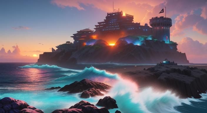 Cyberpunk Fortress on Tropical Beach at Sunset