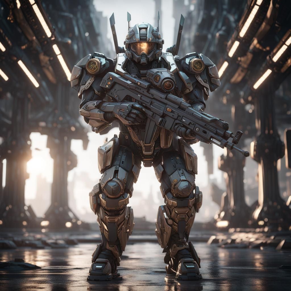 Futuristic Soldier Protecting Crown in Sci-Fi Style