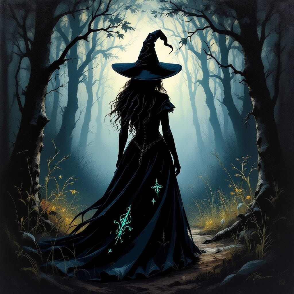 Witch in Moody Forest Clearing, Impasto Oil Painting