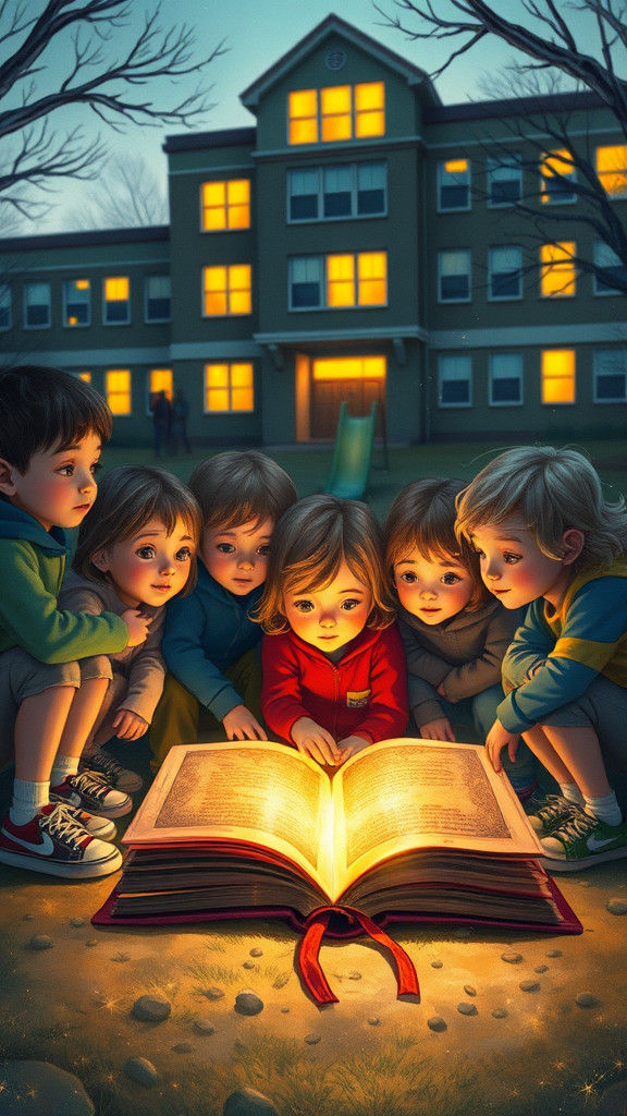 Enchanted Book Discovery in Schoolyard at Twilight