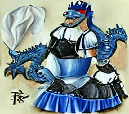 Blue Dragon in French Maid Outfit: Whimsical Artwork