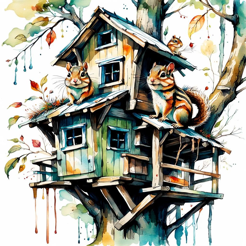 Anthropomorphic Chipmunks in Watercolor Treehouse