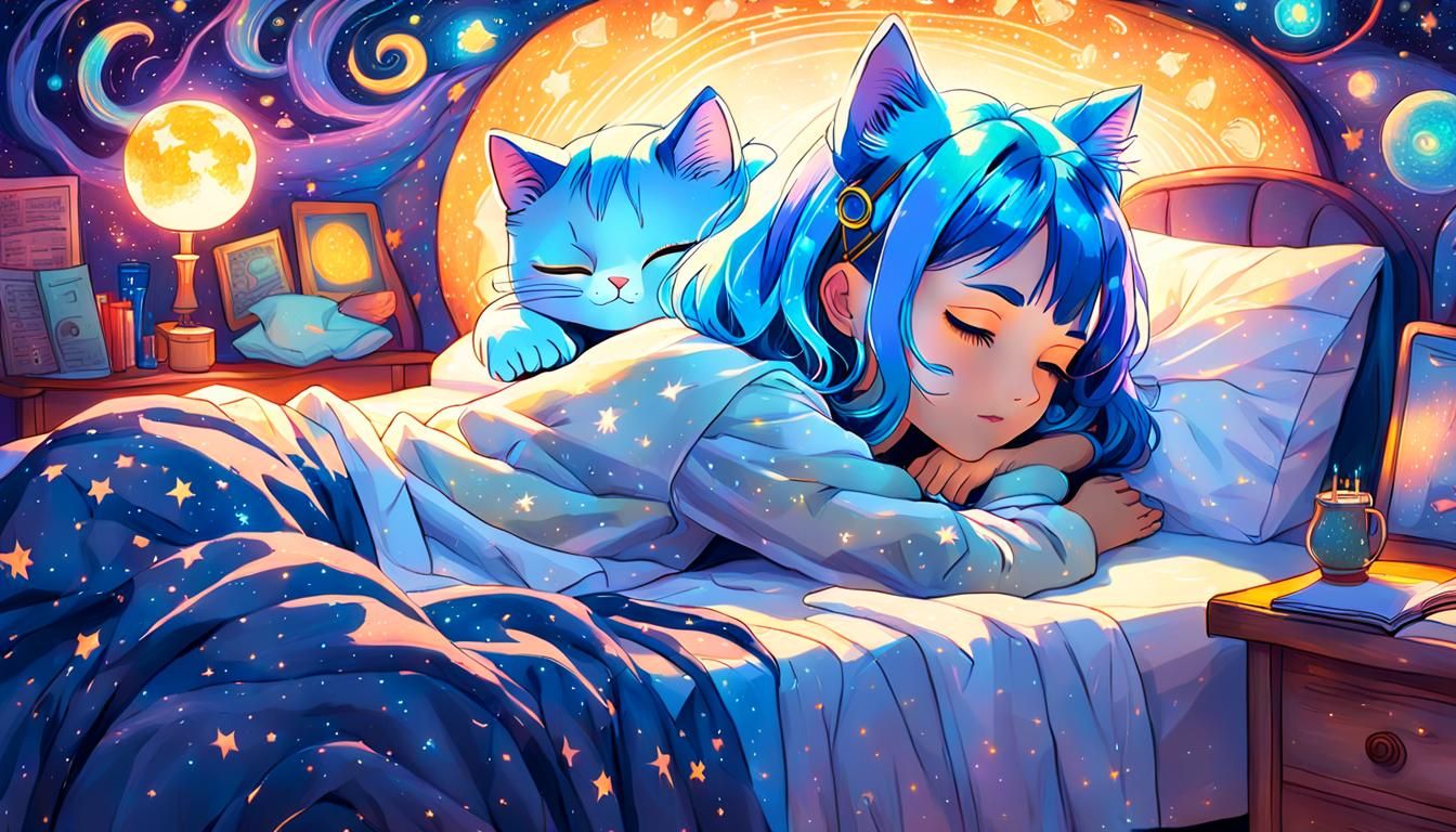 Girl Studying with Cat in Room with Neon Lights