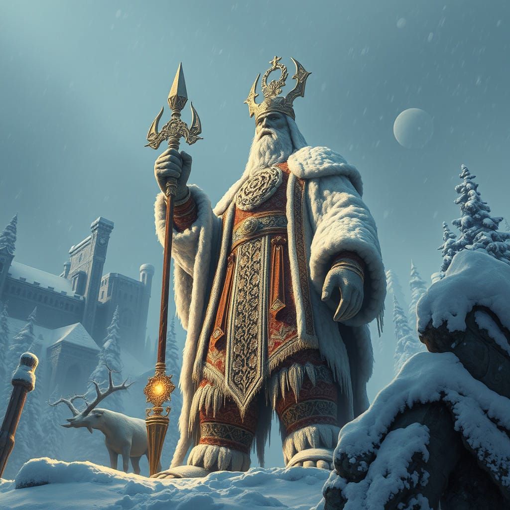 Frost Giant in Snowy Medieval Landscape