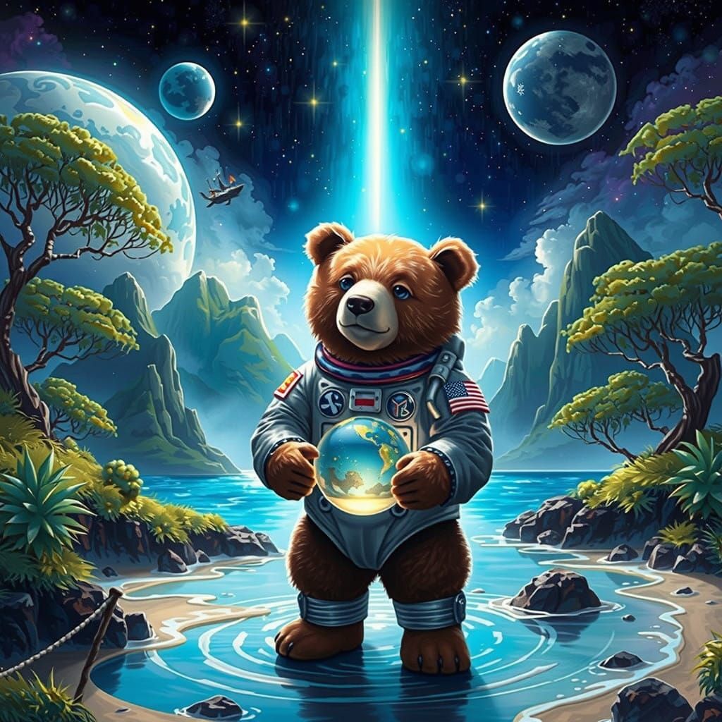 Whimsical Bear Astronaut in Iridescent Hawaiian Night Sky