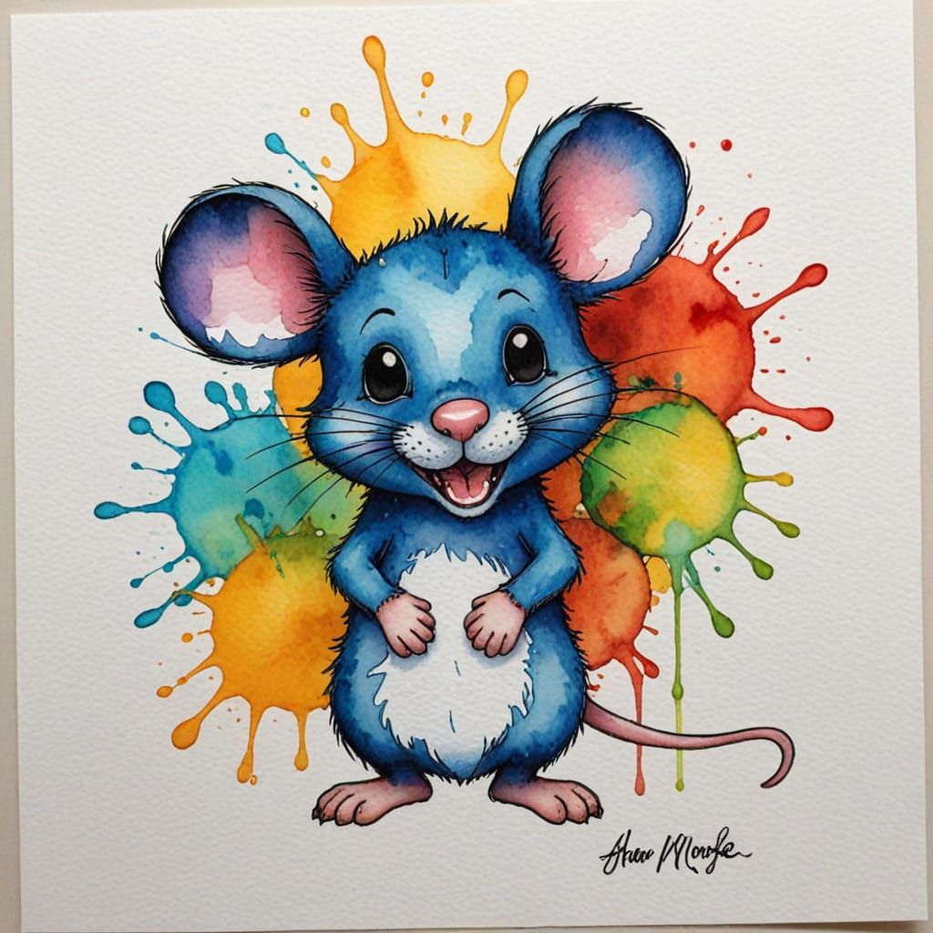 Whimsical Mouse Smiles in Abstract Watercolor