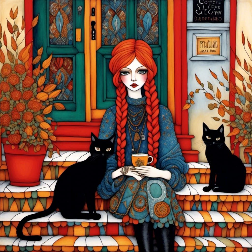 Bohemian Redhead with Cat: Autumn Art Brut Scene