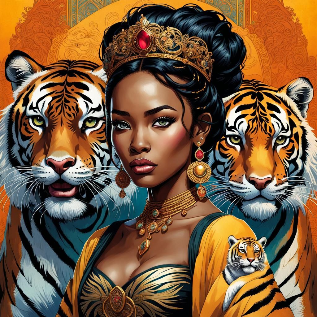 Ebony Princess Belle with Tigers, Fantasy Portrait