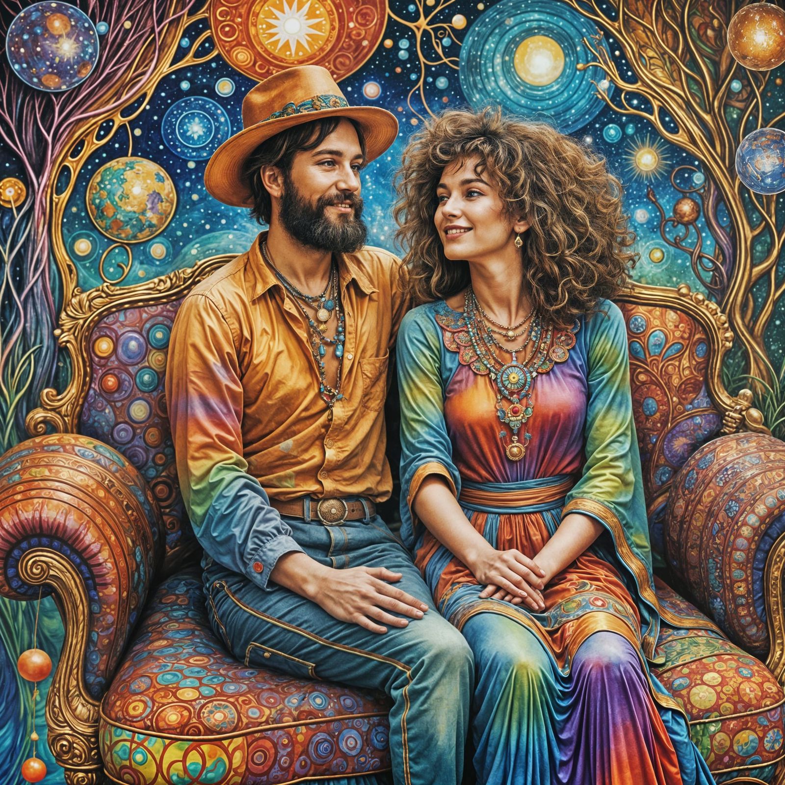 Hippie Couple in Celestial 1960s Style Room
