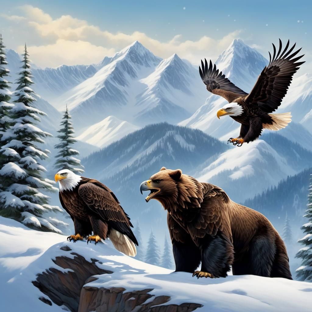 Eagles Journey to Snowy Mountain in Storybook Style