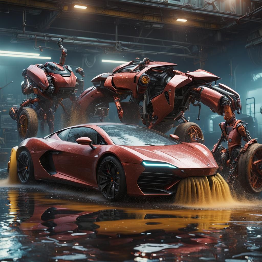 Robots Washing Exotic Car: Detailed Fantasy Art