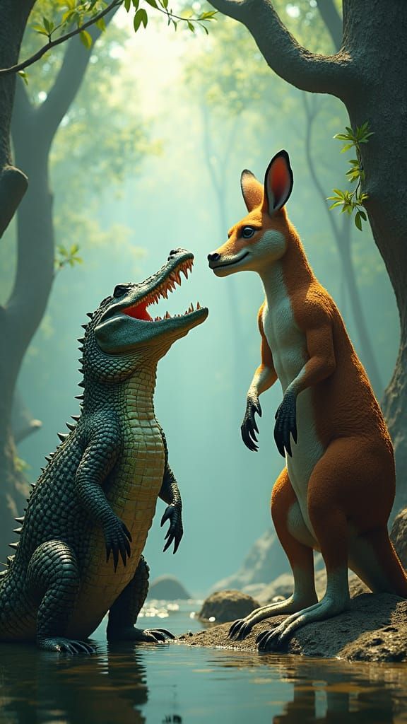 Crocodile and Kangaroo Standoff in Fantasy Jungle