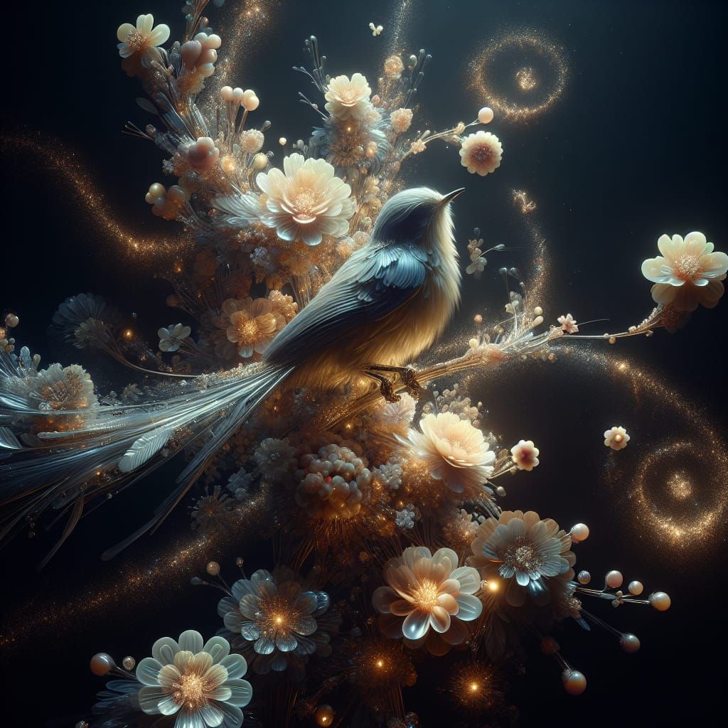 Ethereal Glass Songbird in Hypermaximalist Style