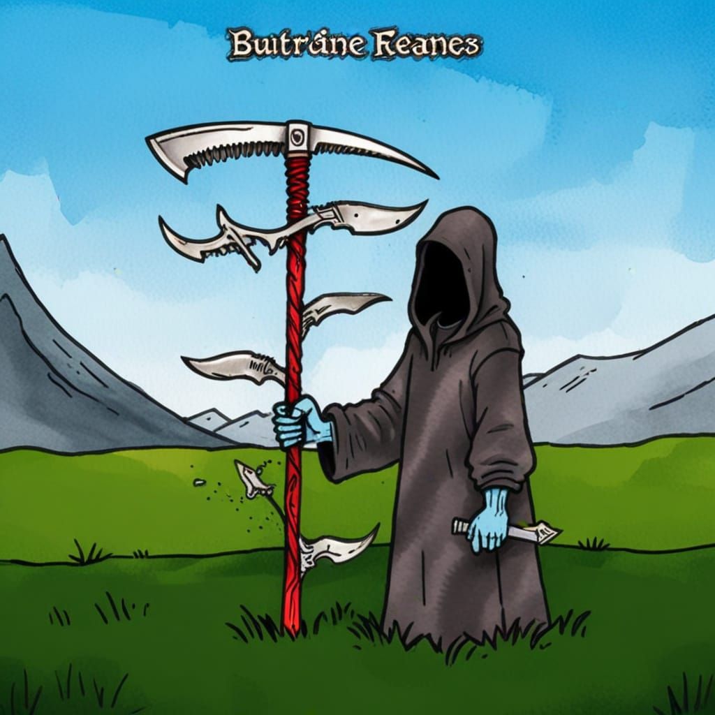 Cartoon Death with Swiss Knife Scythe in Watercolour