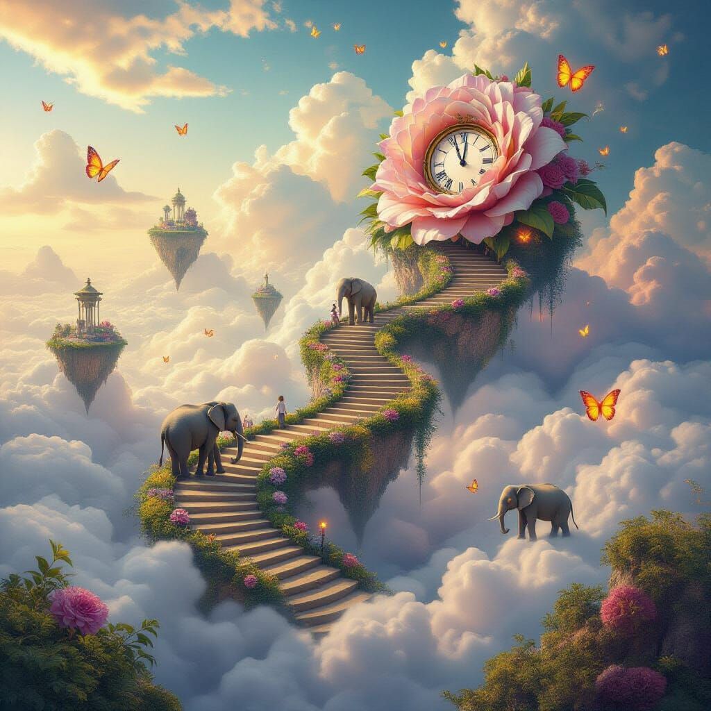 Dream Garden with Melting Clocks in the Sky