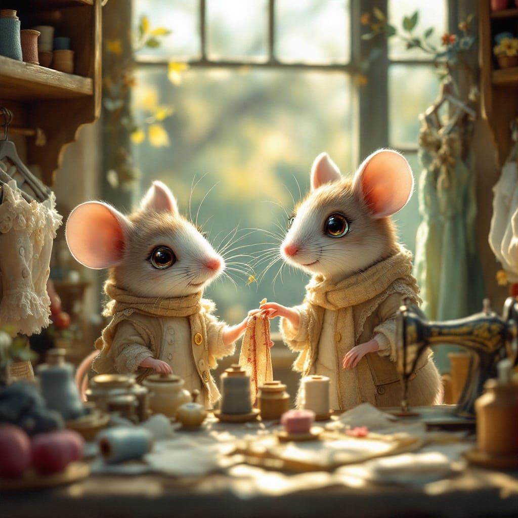 Whimsical Mice in a Vintage Sewing Room