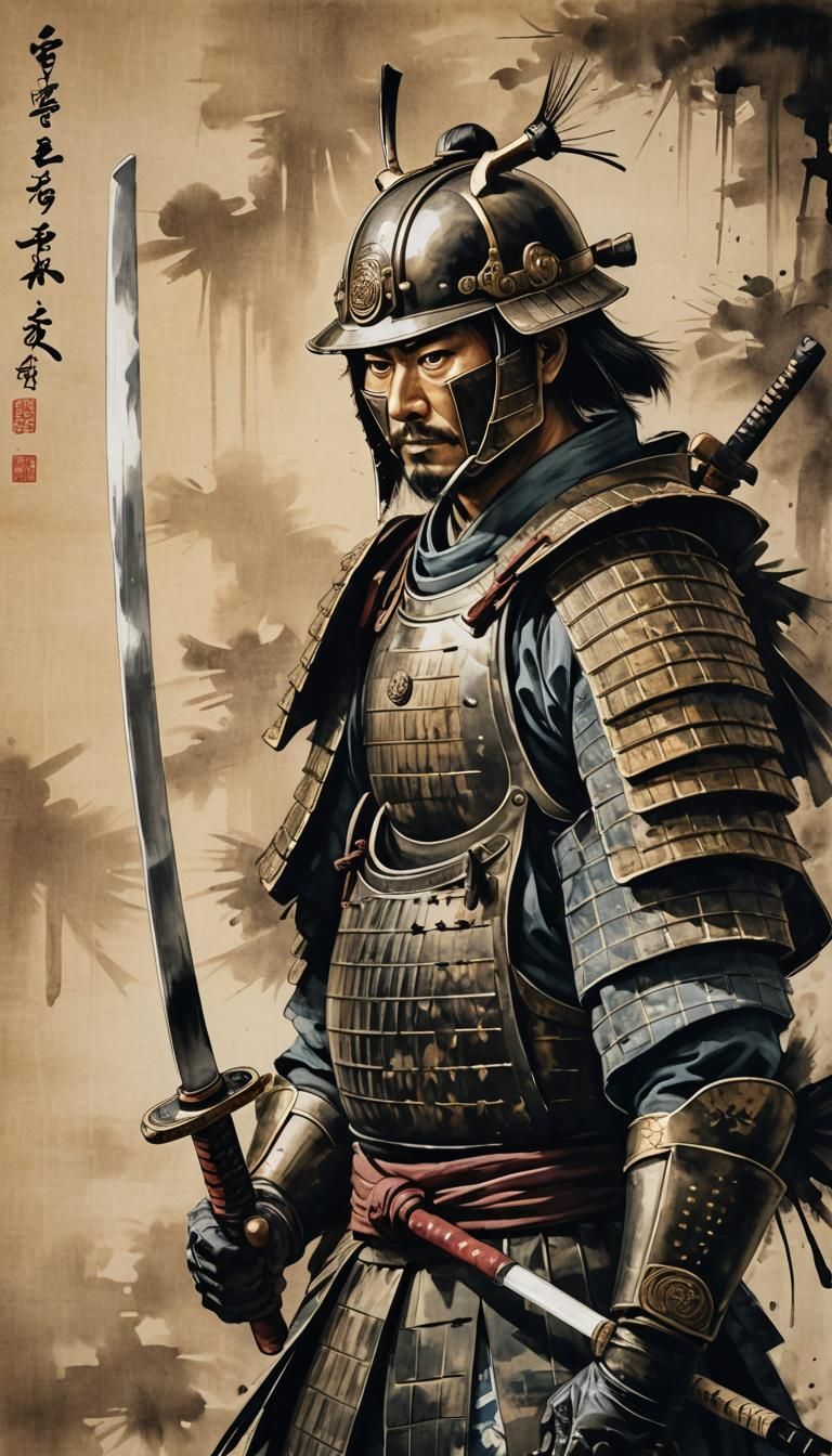 Samurai with Katana in Fusuma Style Ink Painting