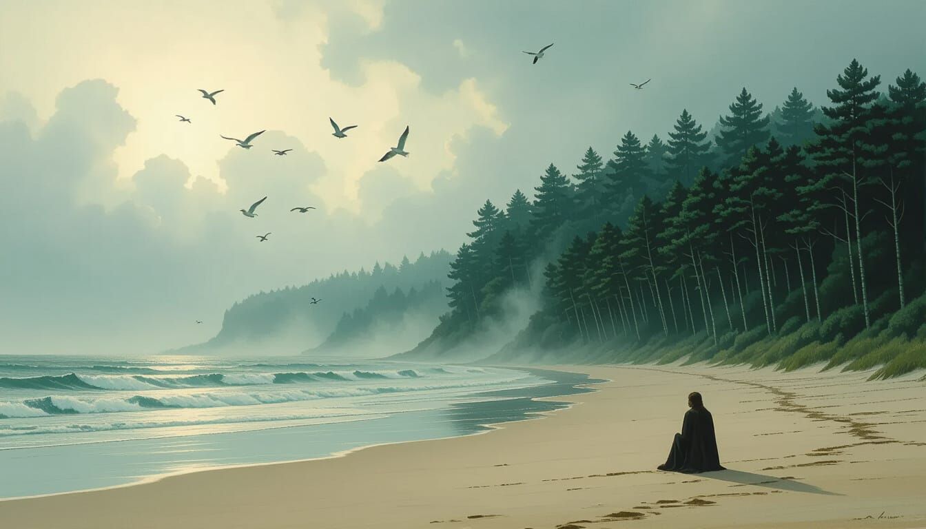 Man on Beach with Forest and Seagulls in Morning Light
