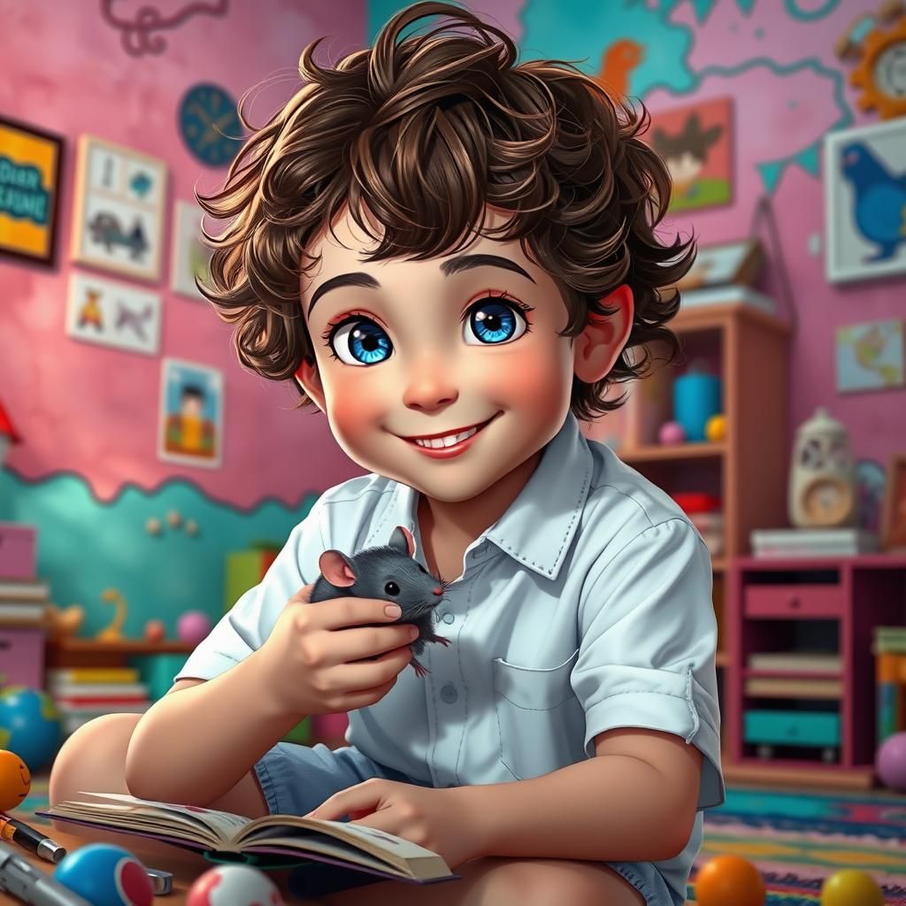Blue-Eyed Child Plays with Mouse in Colorful Room