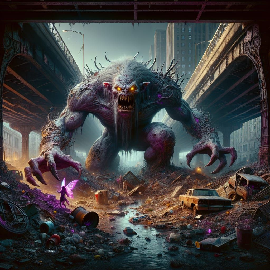 Grotesque Troll Emerges in Dystopian Cityscape as Impasto Pa...