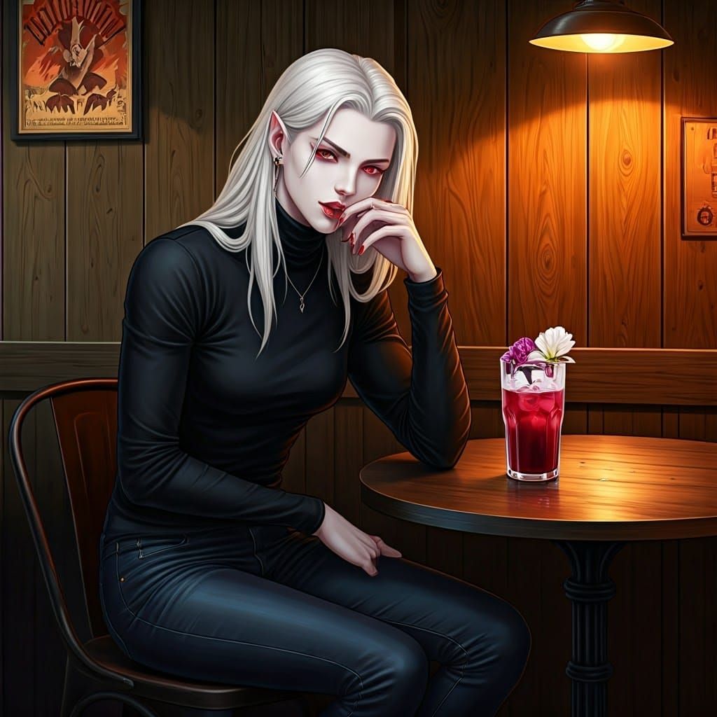 Elegant Vampire Sips Blood in Moody Café