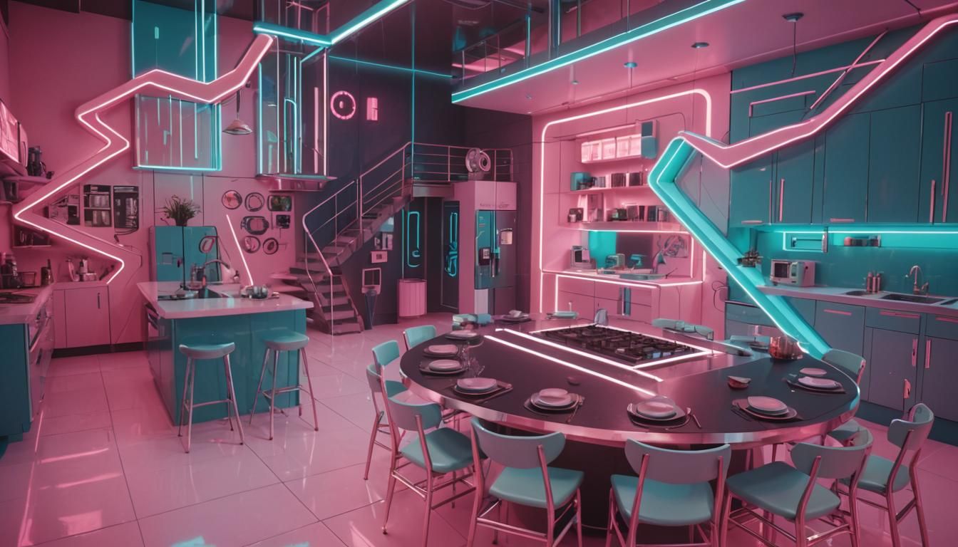 Cyberpunk Kitchens: Pink vs Blue in Graphic Novel Style