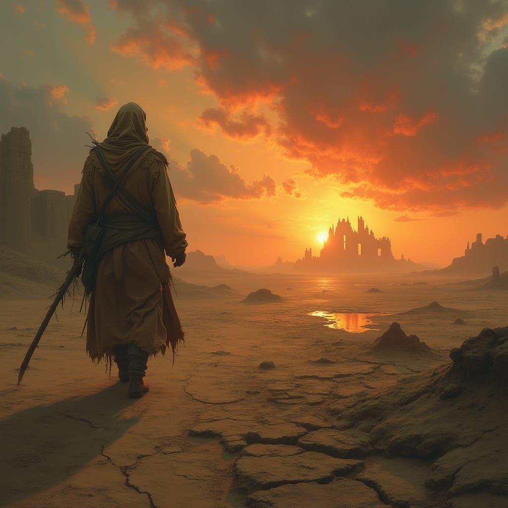 Ethereal Survivor of a Fading Kingdom in Cyberpunk Landscape