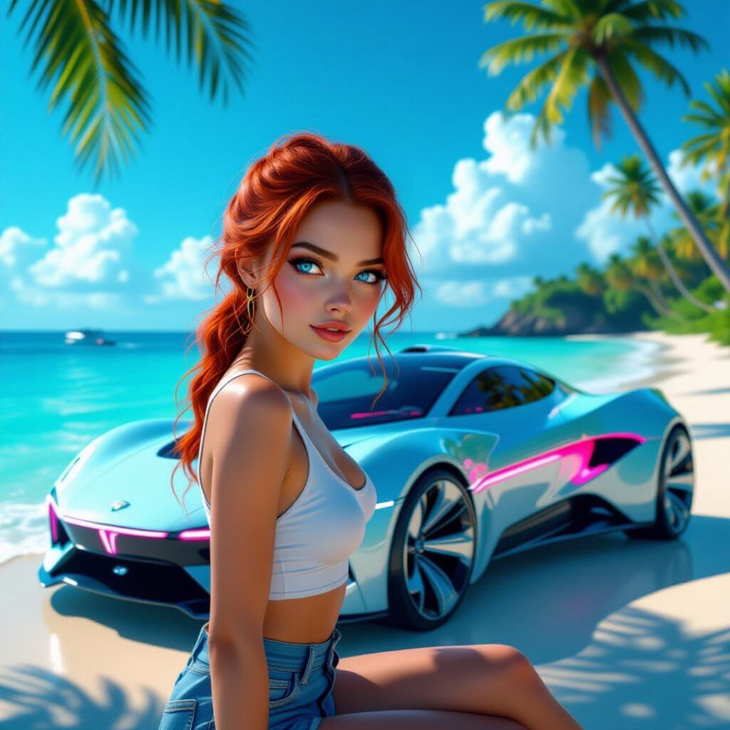 Woman with Flying Car on Tropical Beach