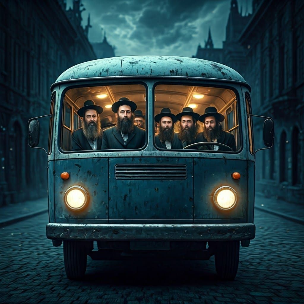 Mystical Hasidic Men Ride Vintage Bus Through Dark Realm