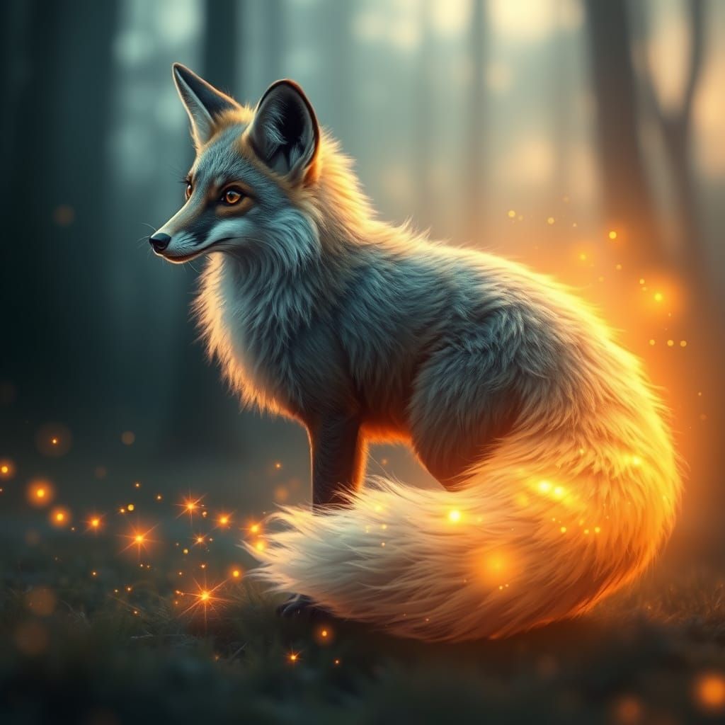 Spirit Fox in Twilight Forest with Glowing Firefly Sparks