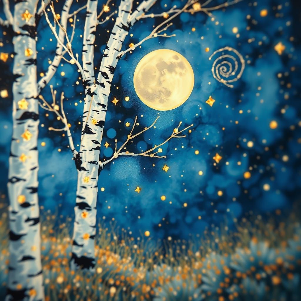 Ethereal Birches Under a Moonlit Sky