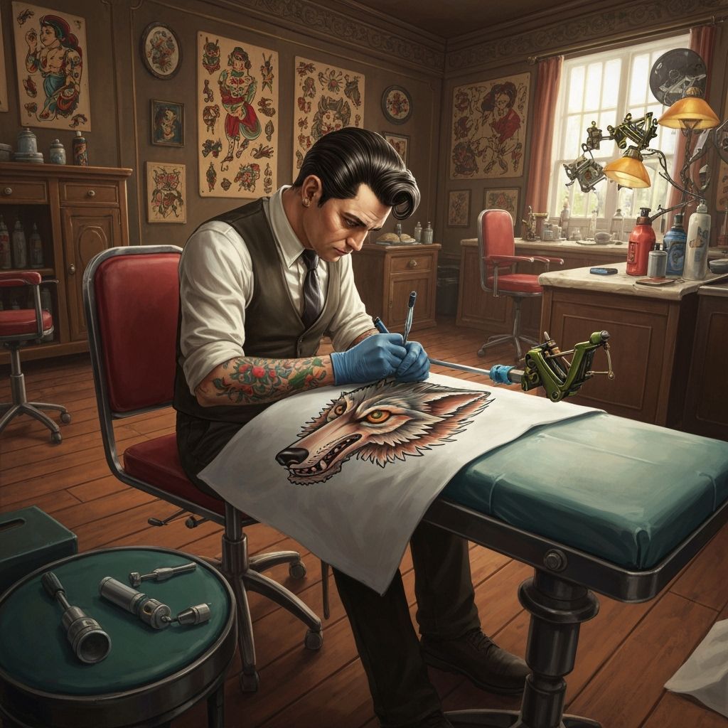 Vintage Tattoo Artist Creates Wolf Tattoo Design