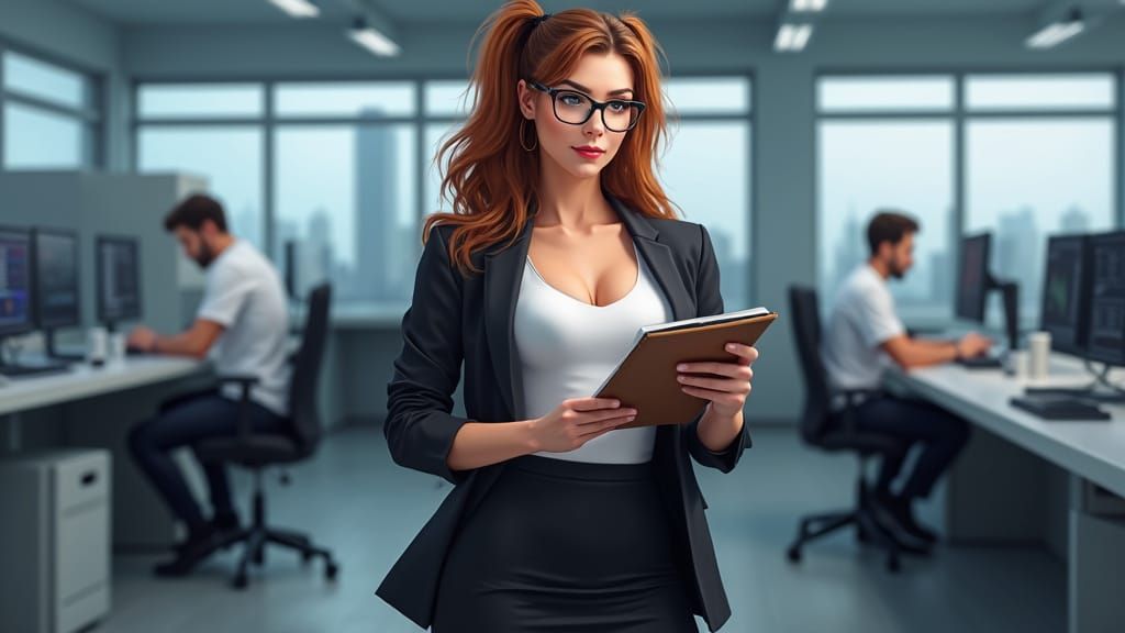 Confident Fitness Female in Laboratory Office Setting, Cyber...