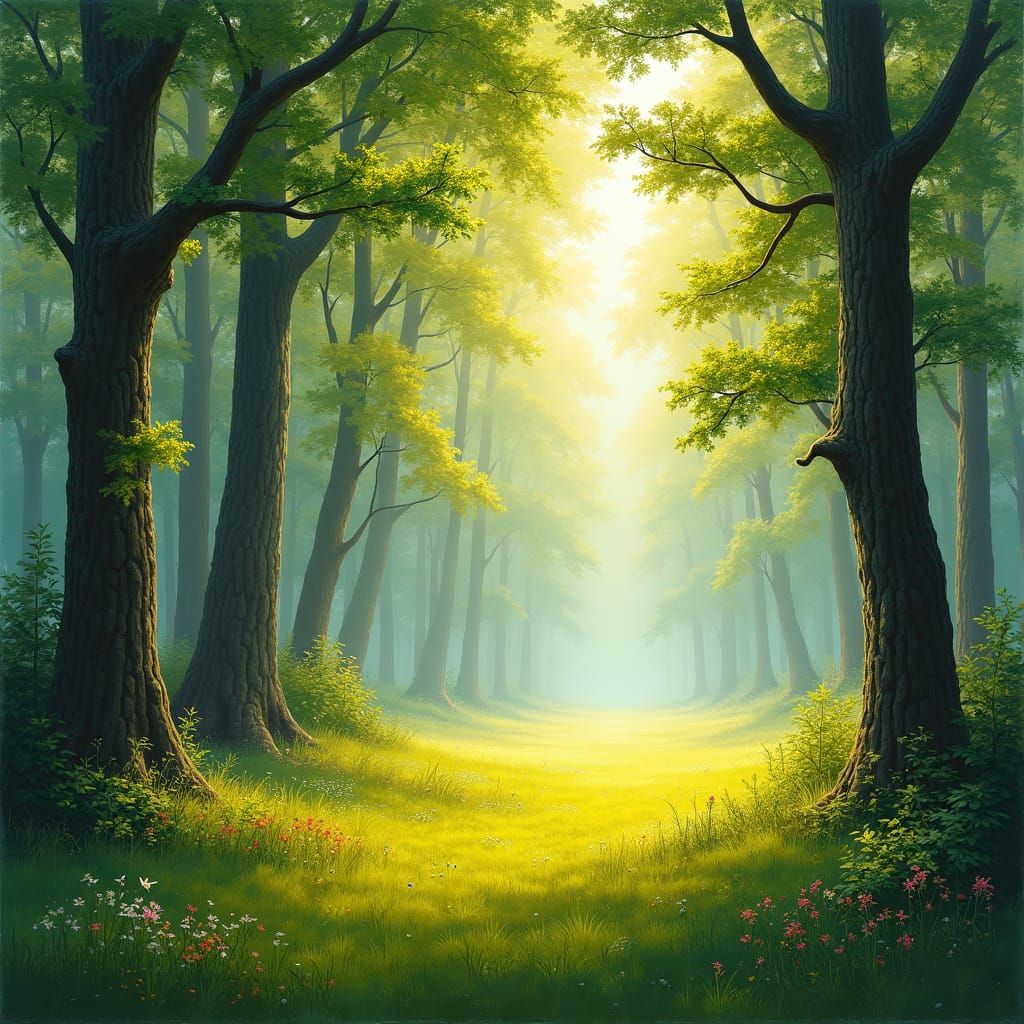 Sunlit Forest Clearing in Oil Painting Style