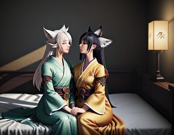 Female Kitsune Intimate Kiss in Manga Style
