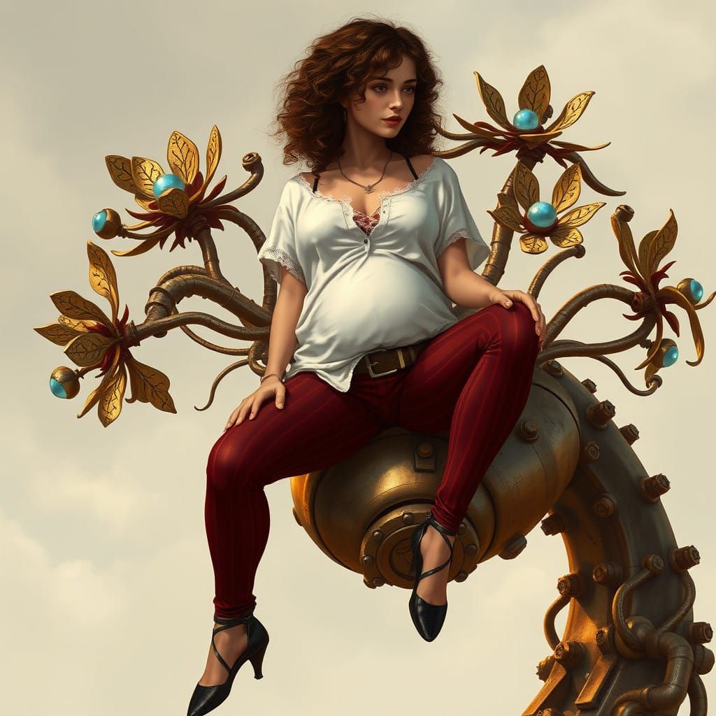 Woman Sits Astride Industrial Steampunk Machine