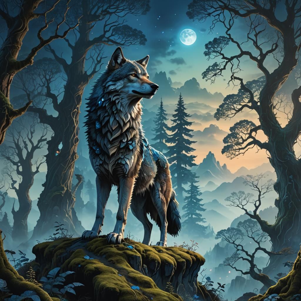 Wolf on Misty Mountain Peak in Fantasy Art