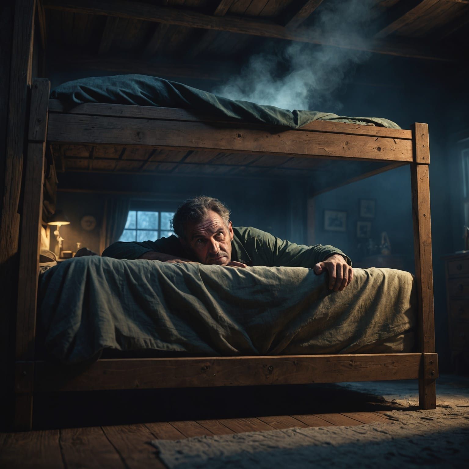 Photorealistic Bogeyman Lurking Under Bed in Mist