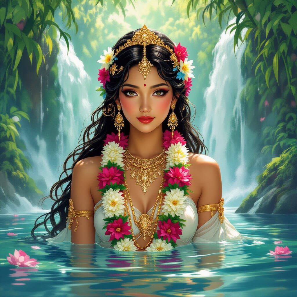 Indonesian Goddess Emerges from Waterfall in Art Nouveau Sty...