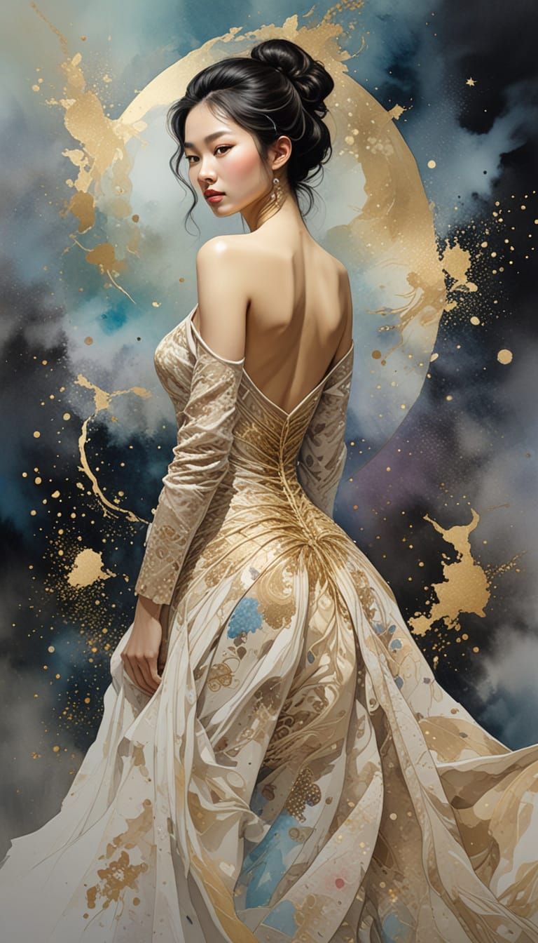Ethereal Asian Beauty in Gold Leaf and Nebula