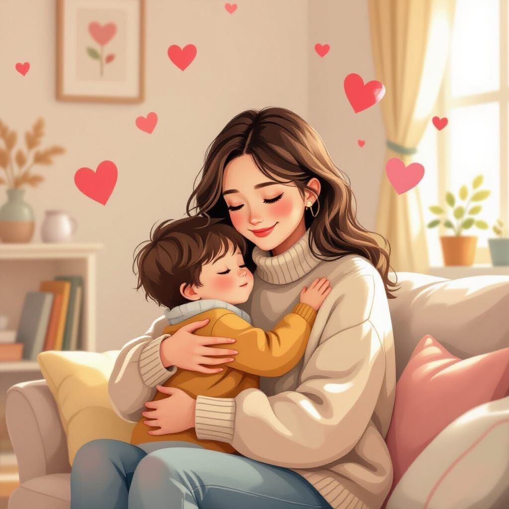 Mother and Child Embrace in Pastel Colors