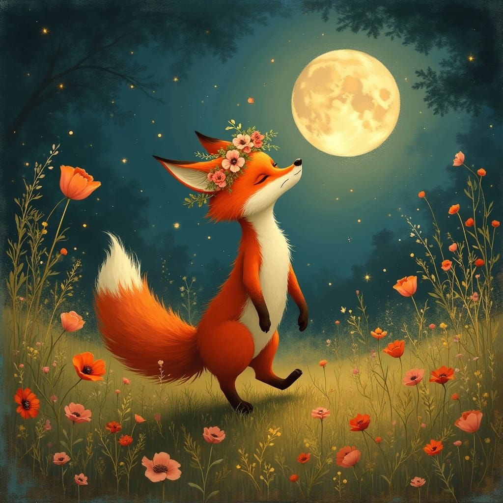 Whimsical Fox Dances in Moonlit Meadow