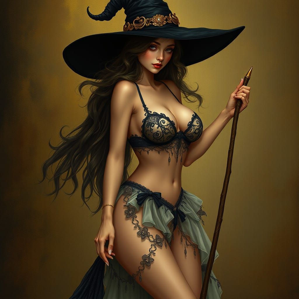 Elegant Renaissance Witch in Intricate Bra and Minuscule Ski...