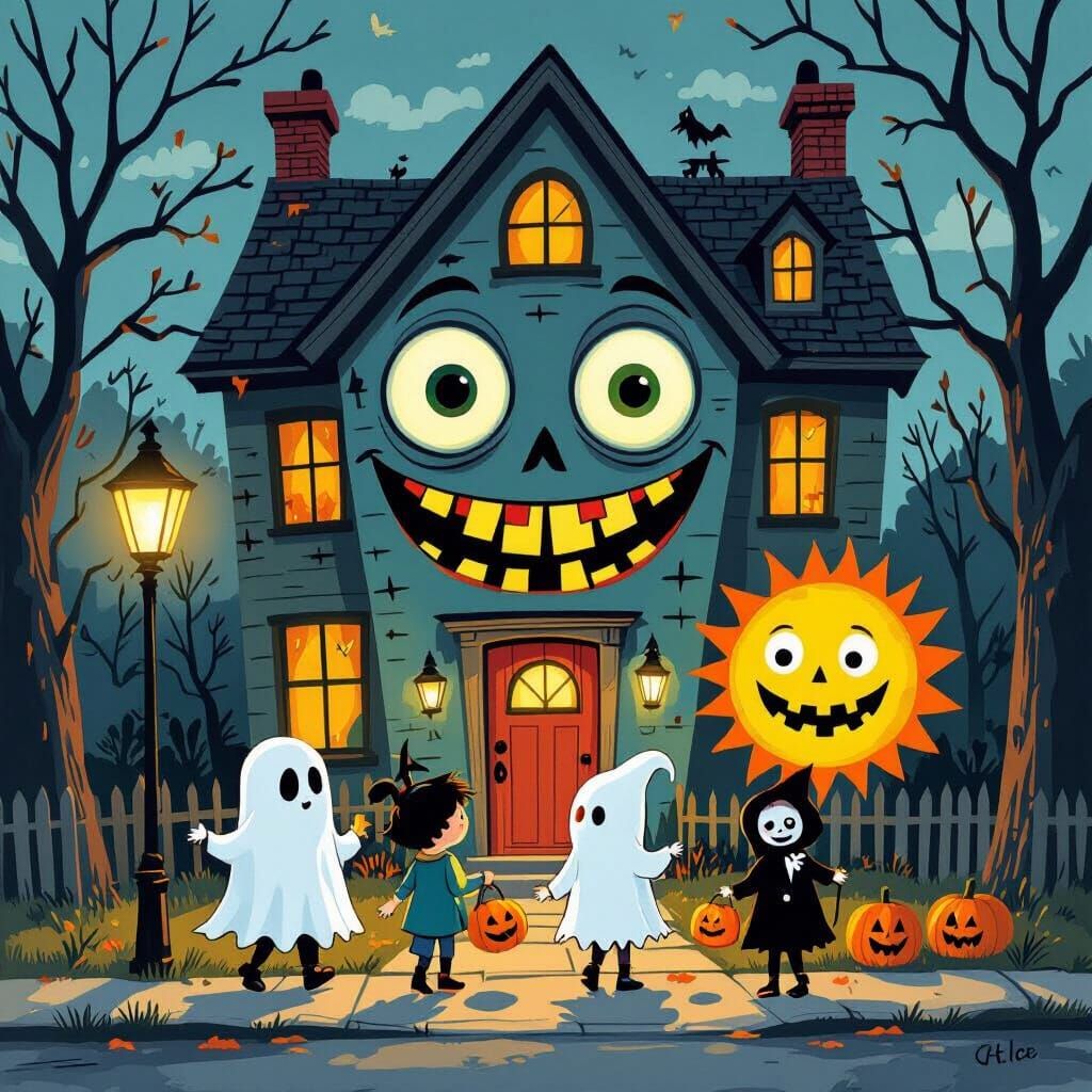 Whimsical Halloween Trick-or-Treaters at a Living House