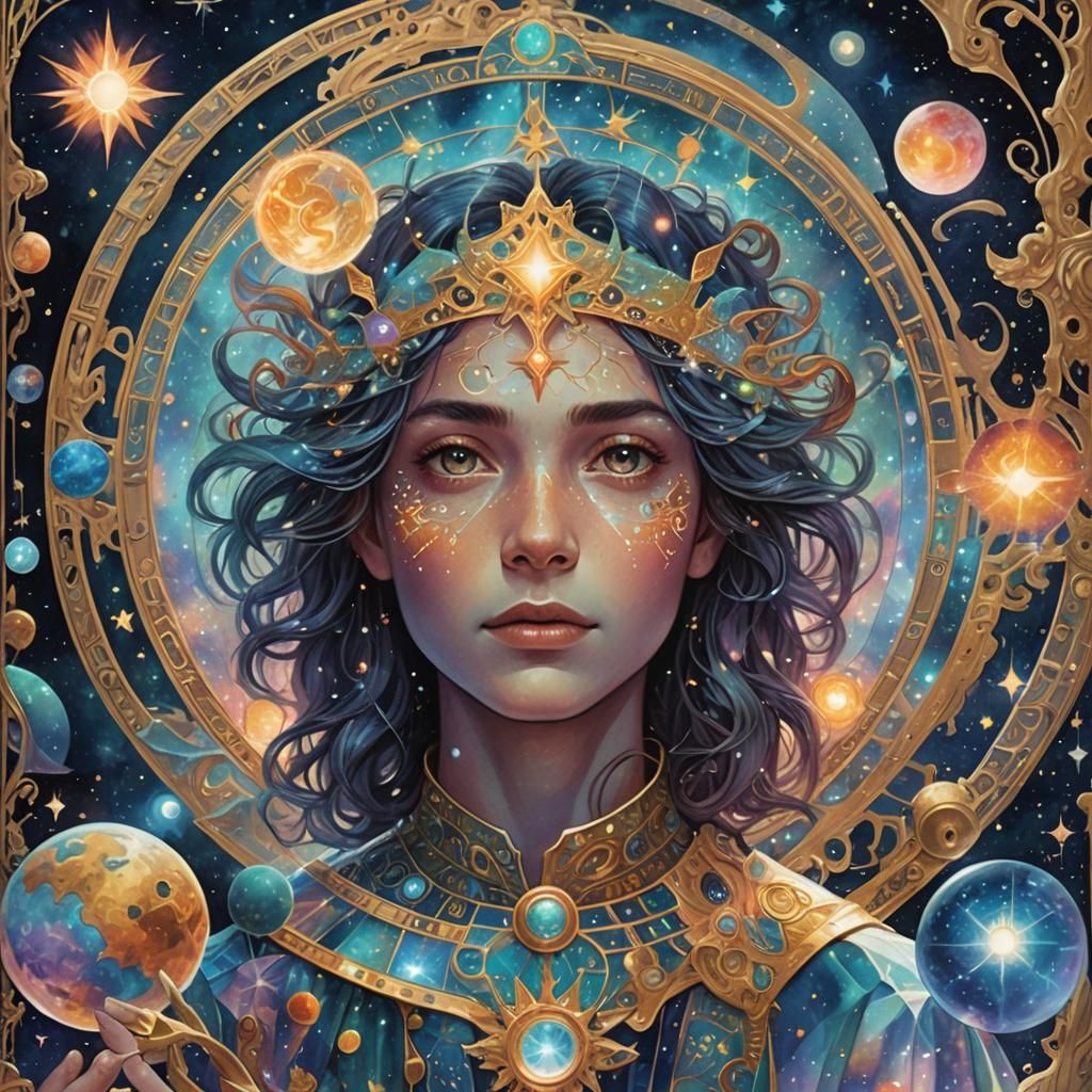 Astral Holographic Illustration of Woman with Magic Book