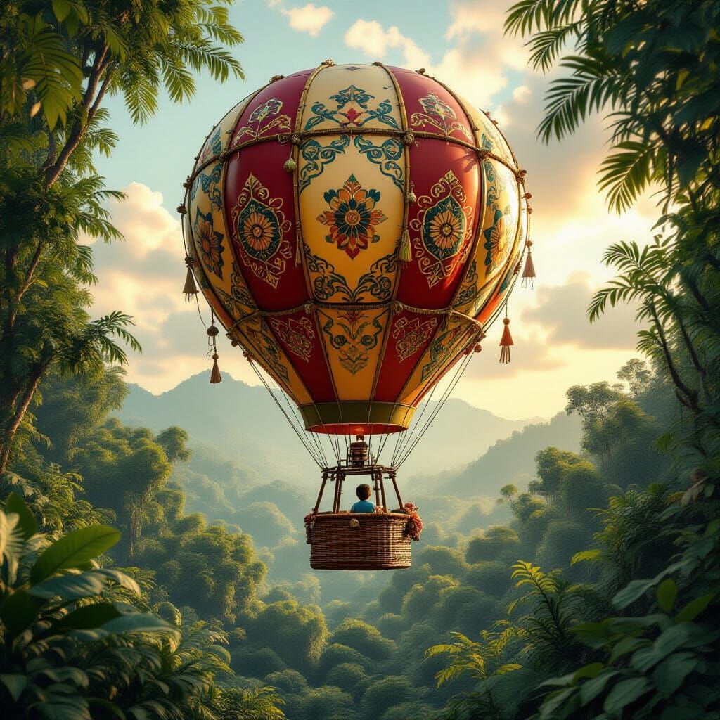 Hot Air Balloon Over Whimsical Jungle with Boy