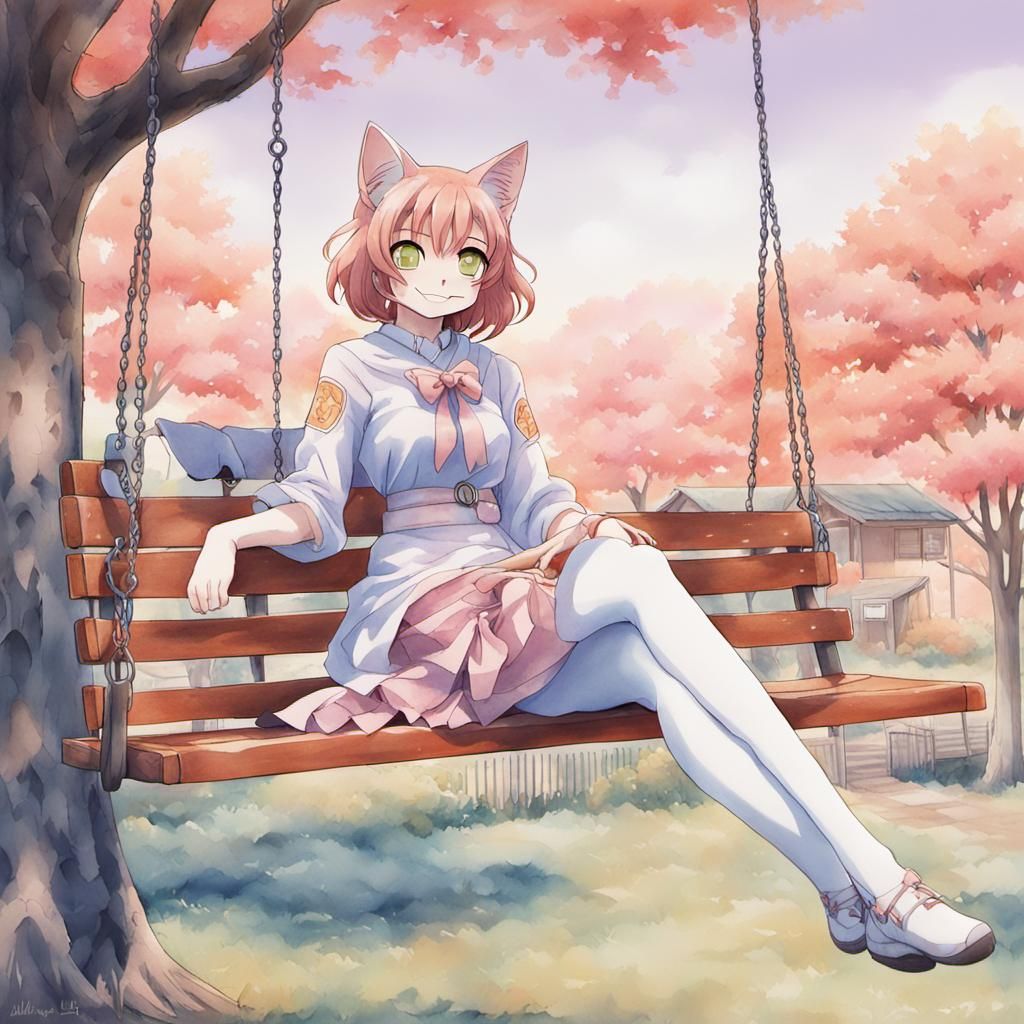 Anime Catgirl in Rural Town: Manga Style