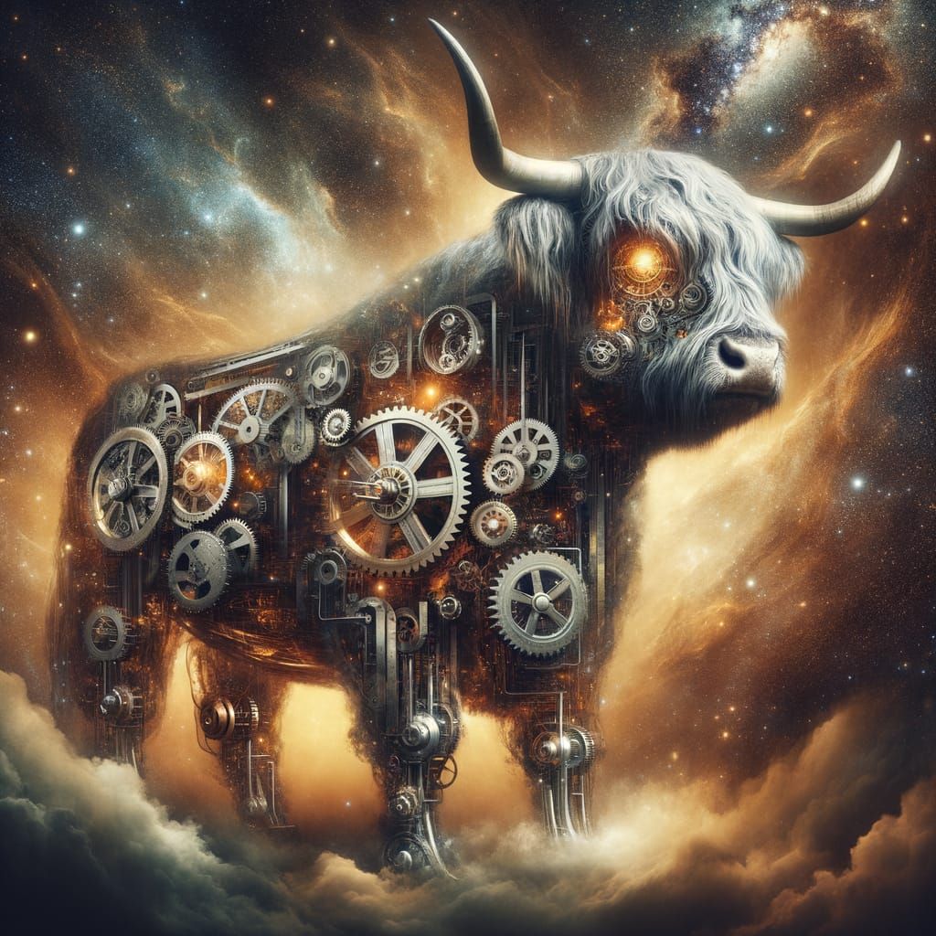 Steampunk Highland Cow in Cosmic Nebula