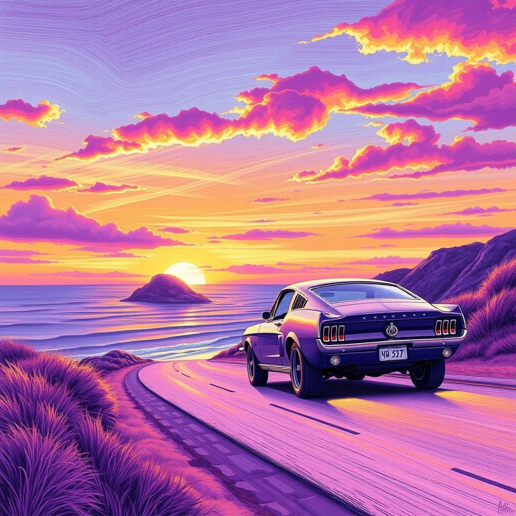 Ford Mustang by the Beach in Colored Pencil Style